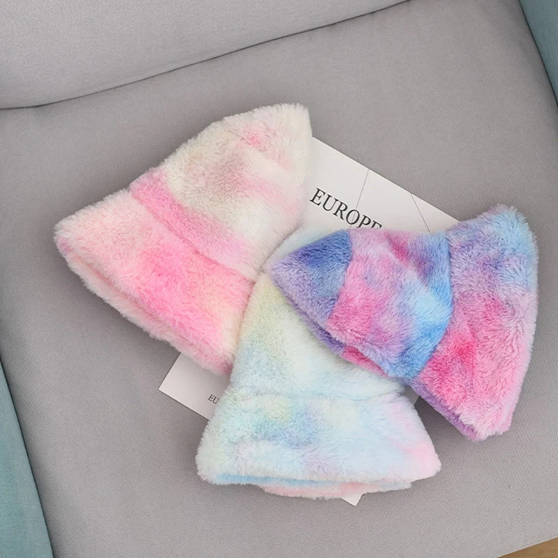 

Women Winter Bucket Hat Colorful Tie Dye Bucket Hat Fluffy Fuzzy Plush Short Brim Thick Warm Outdoor Panama Fisherman Cap