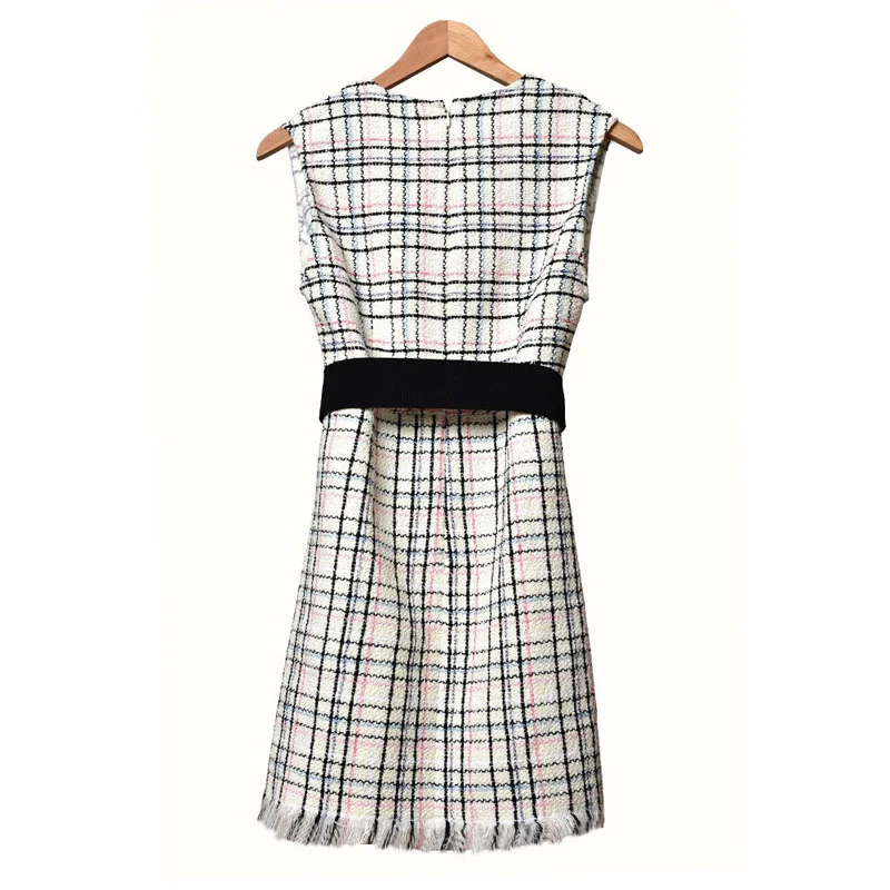 

new bird Women's lattice dress French brand slim mini tank with tassel pockets fashion office round neck dress