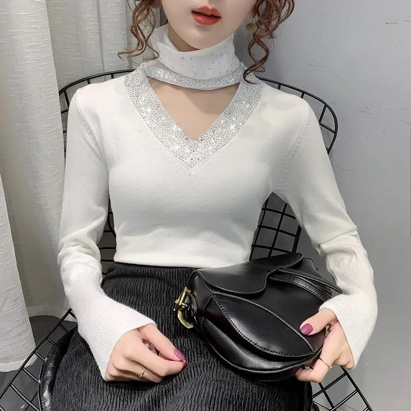 

Turtleneck bottoming sweater women's autumn 2021 new women's clothing Western fashion all-match v-neck sweater top women