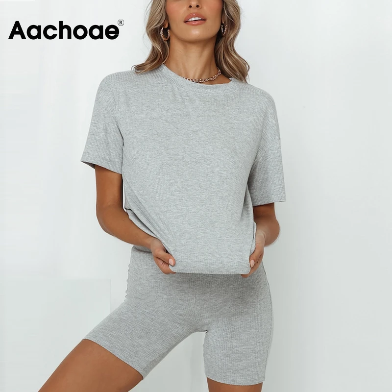 Комплект Aachoae женский из 2 предметов однотонная Повседневная Спортивная Футболка