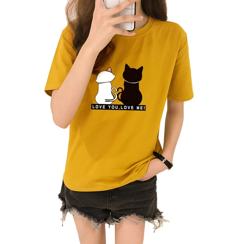 Женская хлопковая Футболка с принтом двух кошек коротким рукавом и круглым