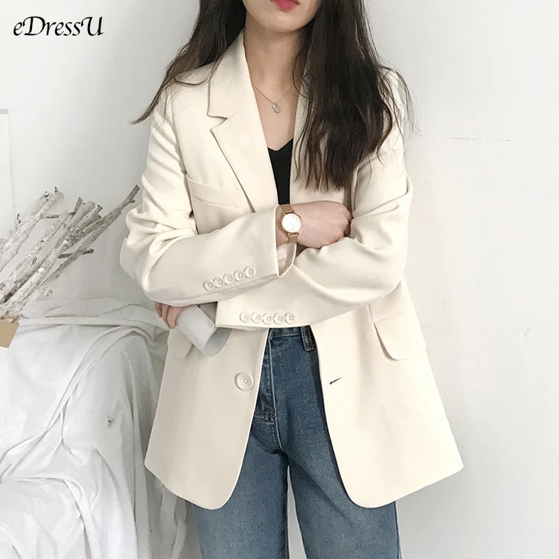 

eDressU Women Blazer Jacket Office Loose 2021 Spring Summer Korean Black Casual Suit Single Breasted Business Outwear ZX-11