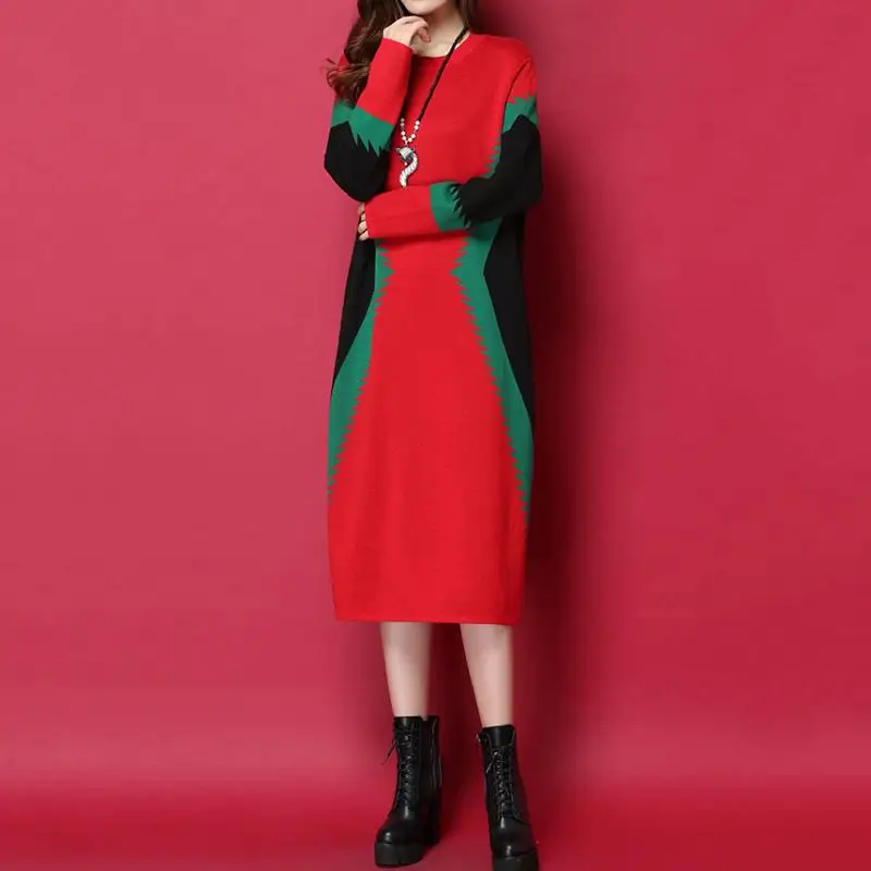 

O-Neck Long Sleeve Sweater Dress 2020 Women Fashion Autumn Winter Knitted Pullovers Dresses Female Loose Casual Vestidos T280