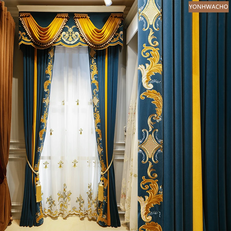 

Custom curtain French luxury villa flannel embroidery stitching velvet blue cloth blackout curtain valance tulle drape C835