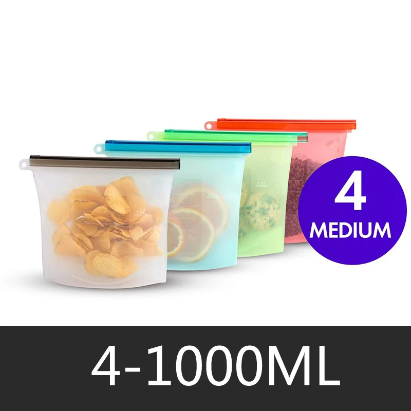 4-1000ml 1000 мл 1500 мл силиконовый мешок для хранения Многоразовые силиконовые пакеты для хранения продуктов для пищевых уплотнений Ziplock морозильная камера для приготовления пищи свежие пакеты - Цвет: 4-1000ml