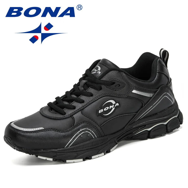 Black silver gray BONA, кожаные кроссовки, мужские кроссовки для бега, уличная прогулочная спортивная обувь, мужские красовки, трендовые беговые кроссовки для тренировок - Цвет: Black silver gray