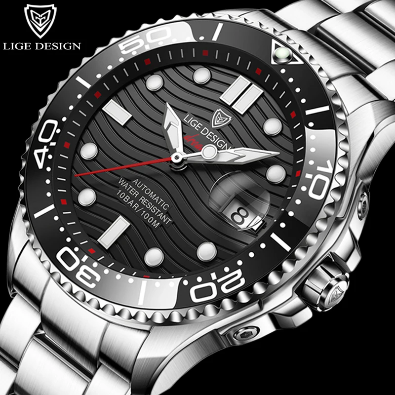

2022LIGE Business Mechanical Mens Watches Top Brand Luxury 100M Waterproof Clock Diving Automatic Date Stainless Steel Watches