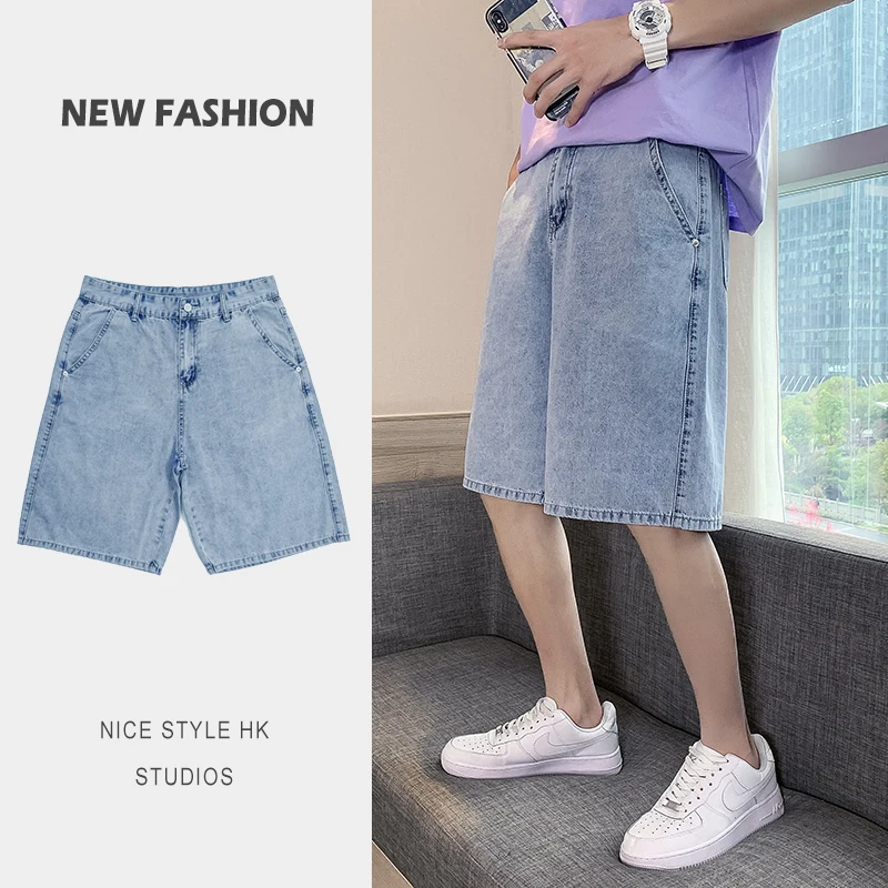 

Men's Denim Shorts Male Women Same Korean Style Straight Denim Five-point Pants Casual Short Jeans Daily Wild Couple Models