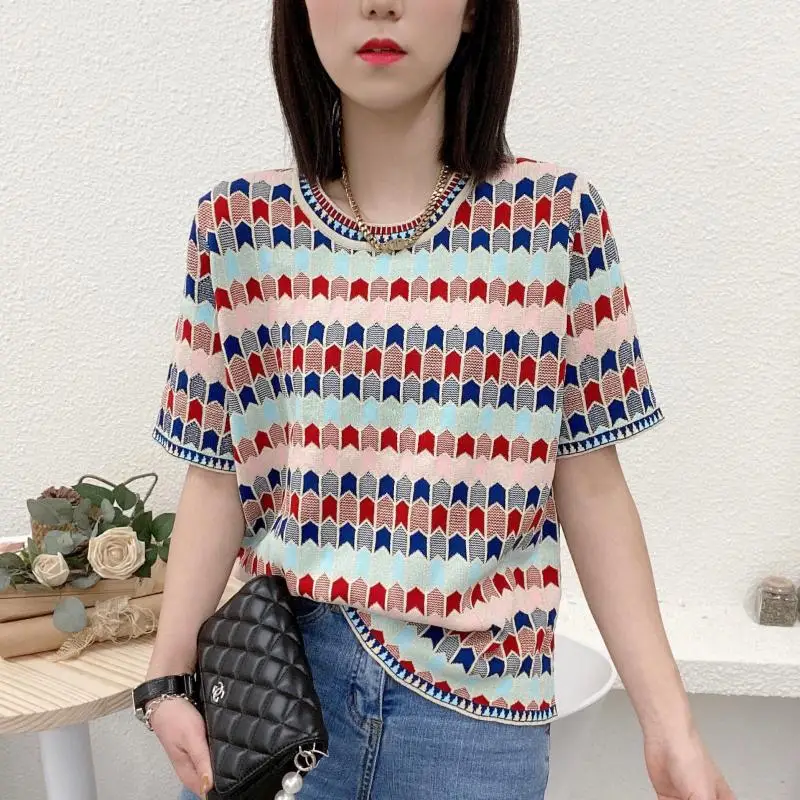 

New Streetwear Blouse Women's O Neck pullover Ice Silk Knit Sweater Top Shirt Vintage Casual All-Match Thin Tops