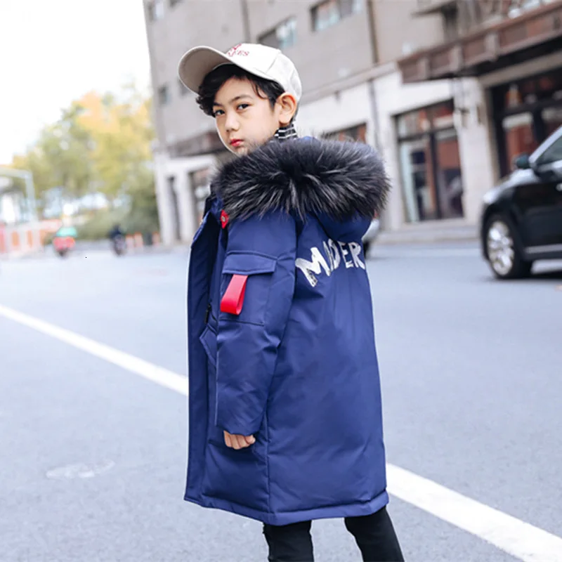 Navy Blue 30 градусов, зимняя детская одежда куртки-пуховики на утином пуху пальто с натуральным мехом для больших мальчиков теплая уличная одежда для детей Зимний комбинезон - Цвет: Navy Blue