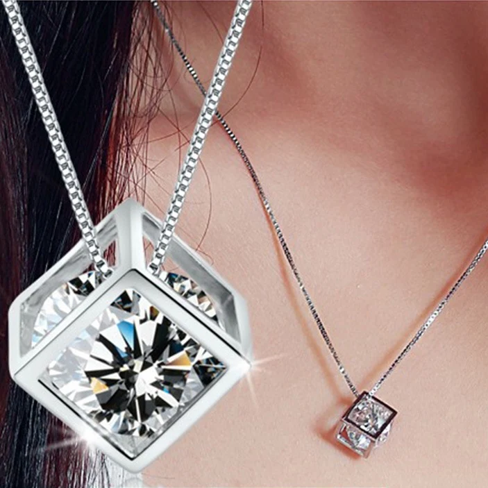 ModaOne 925 Sterling Silver Cube Zircon Pendant Neckace For Women Gift 45cm Box Chain choker collares kolye | Украшения и