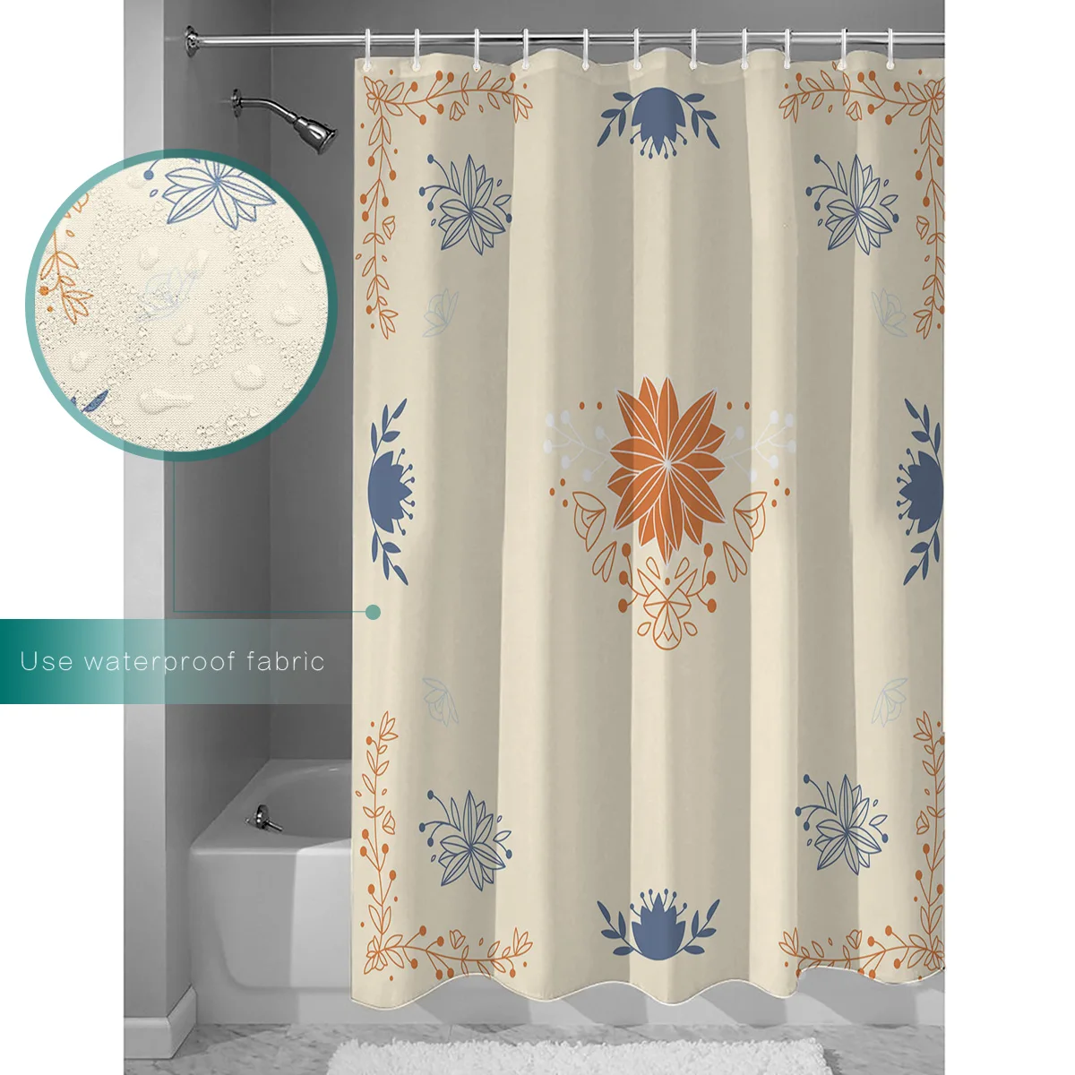 Hand Painted Leaves Petals Orange And Dark Blue Shower Curtain Bathroom Decorative Fabric Waterproof | Дом и сад