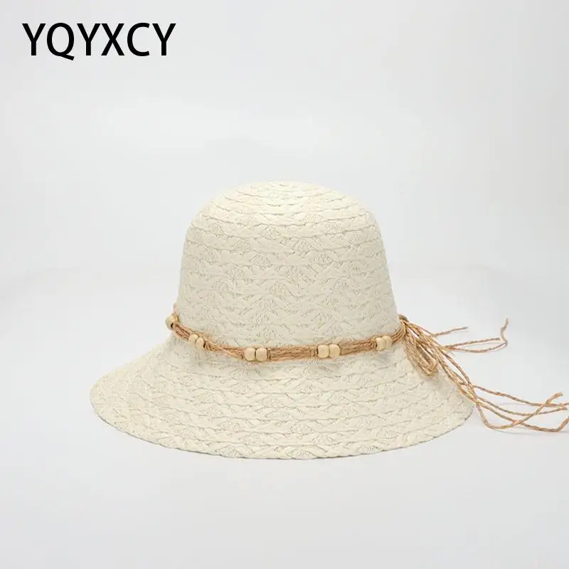 

YQYXCY Sun Hats For Women Summer Sunshade Wide Brim Straw Floppy Beads Chain Panama Cap Travel Beach Gorro Outdoor Holiday