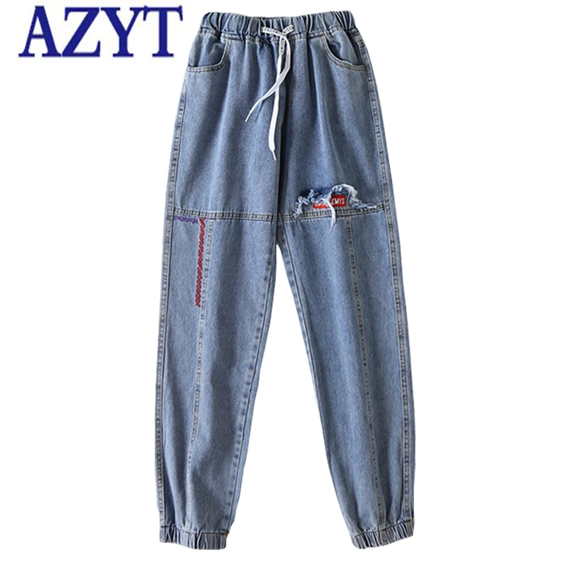

AZYT Korean Casual Loose Jeans Female Cargo Pants 2021 Spring Autumn Fashion Embroidery Female Trousers Tassel Denim Pants Women