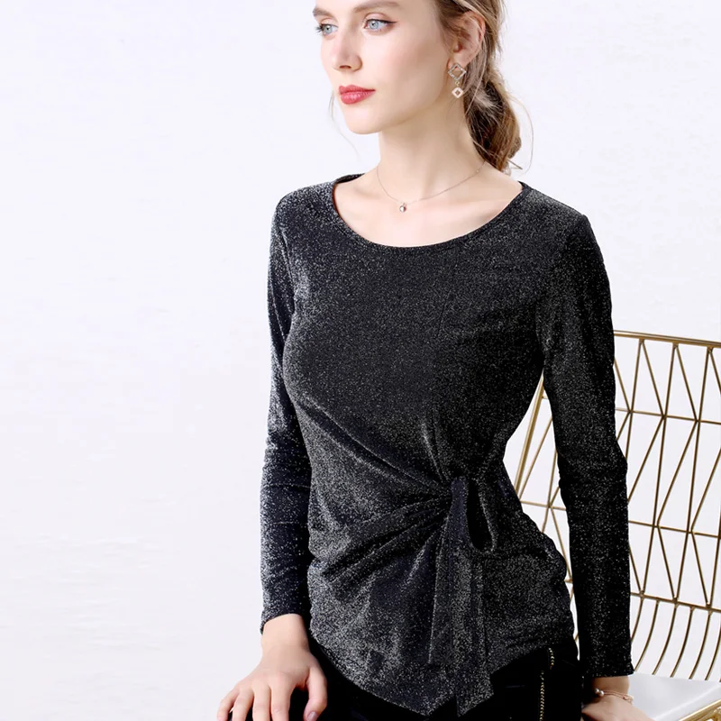 Женская блузка Корейская с длинными рукавами блестящая рубашка люрексом и