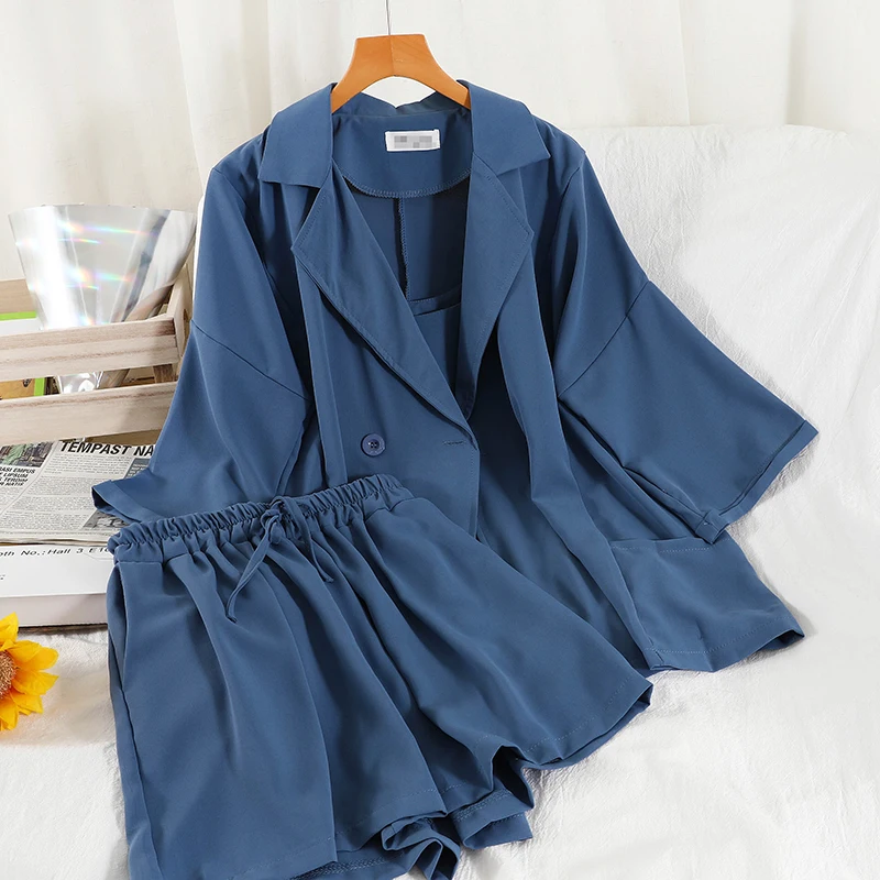 

2021 Summer Elegant 3 Piece Sling Sexy Top Elastic Waist Wide leg Shorts Turn-down Collar Pocket Suit Jacket Women Set Outfits