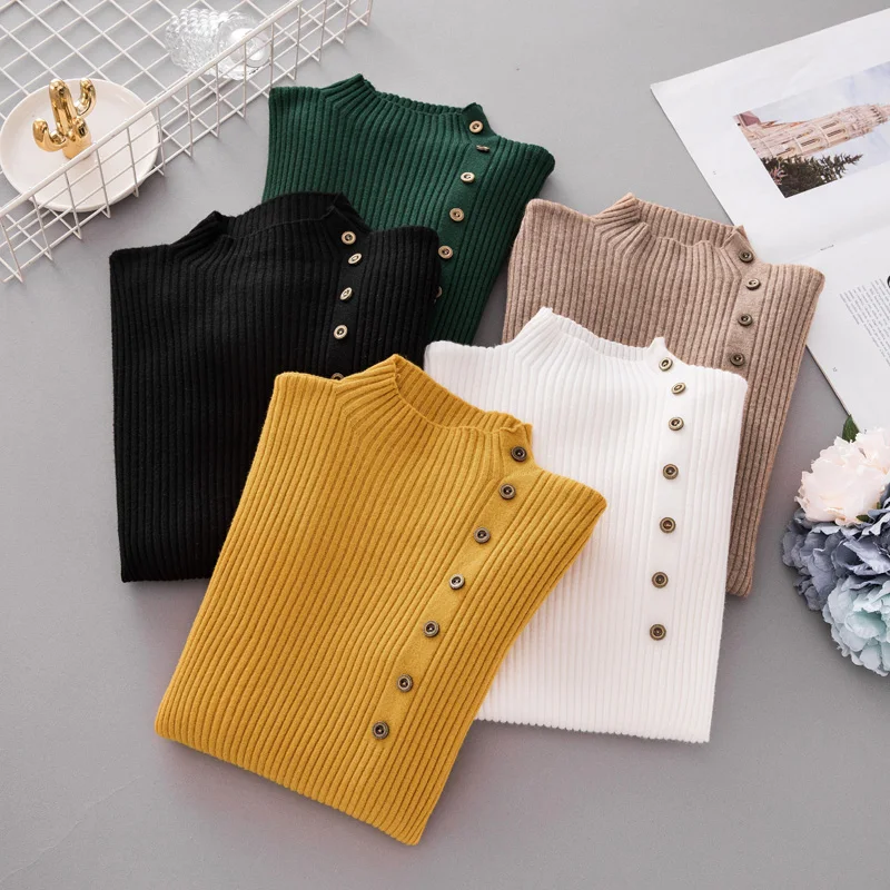 

New Fashion Button Turtleneck Sweater Women Spring Autumn Solid Knitted Pullover Women Slim Soft Jumper Sweater Female Knit Tops
