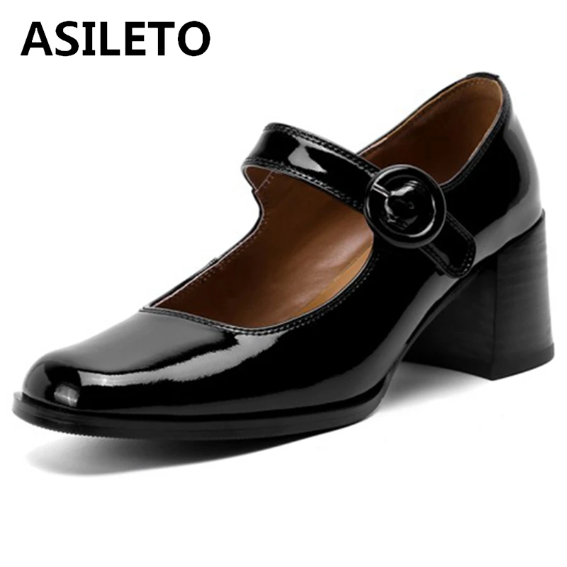 

ASILETO 2021 Spring Concise Pumps Mary Jane Square Toe Genuine Leather Button Buckle Strap 6cm Chunky High Heel Black Brown