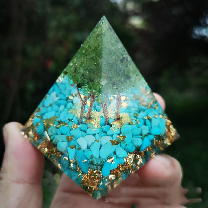 

60MM Ogan Pyramid Energy Life Tree Turquoise Pyramid Resin Crystal Gravel Home Desk Manual Ornaments