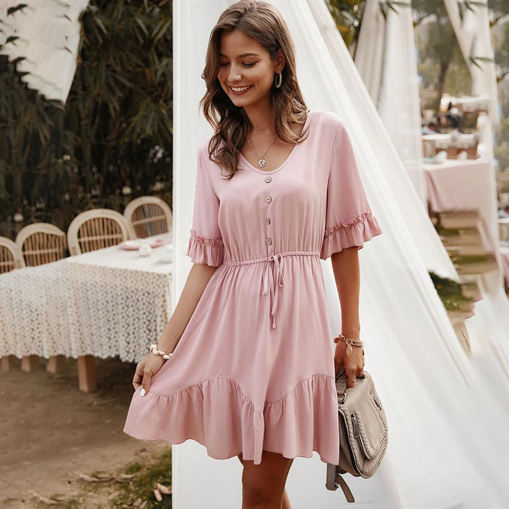 Летнее платье для женщин повседневное с рюшами на шнуровке бантом мини сарафаны