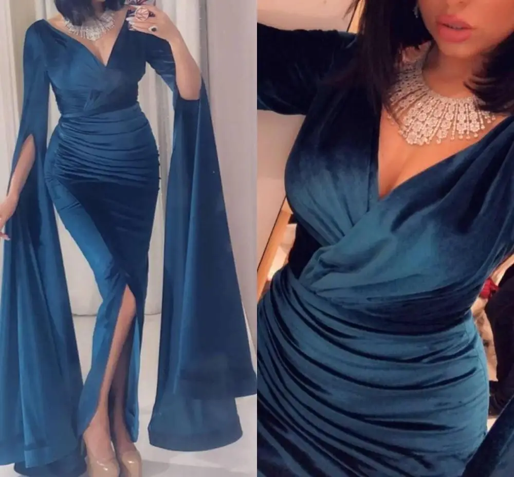 

Sexy Sheath Prom Dresses Velvet Deep V-neck Long Sleeves Evening Gowns Front Split Pleats Formal Party Dress VESTIDOS