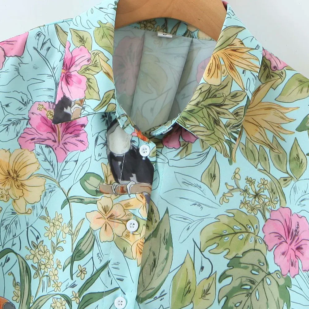 

Za Women 2021 Fashion Buttons lapel Print Cropped Blouses Vintage Short sleeve Female Shirts Chic Top Shorts suit