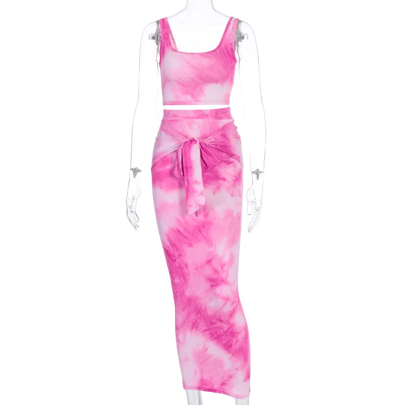 

Zoctuo New Tie Dye Two Piece Short Set for Women Tank Top Sexy Bandage Buttock Skirts Two Piece Outfits Sexy Sets Ladies Wear