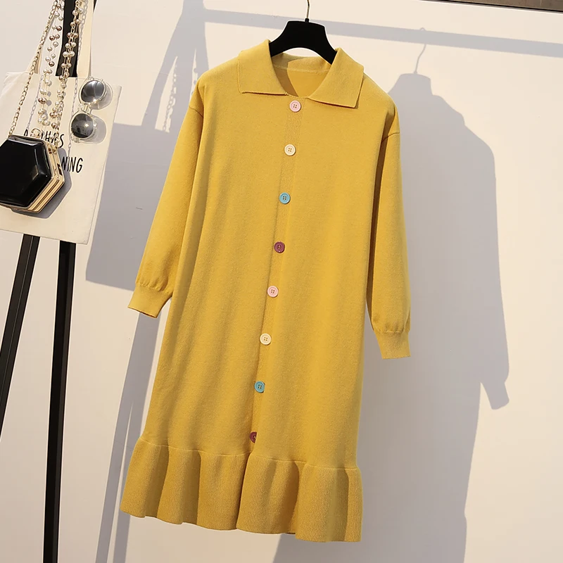 Yellow XL-XXXL размера плюс женское вязаное платье-свитер осень зима модное однобортное Повседневное платье с длинным рукавом и рюшами - Цвет: Yellow