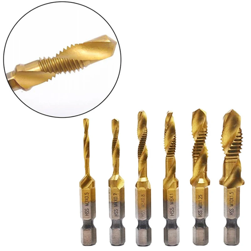 

6Pcs M3-M10 Hex Shank Titanium Plated HSS Screw Thread Metric Tap Drill Bits