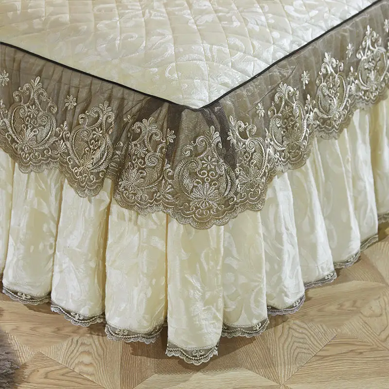 Бежевая утолщенная стеганая кружевная юбка принцессы на кровать плюшевое мягкое