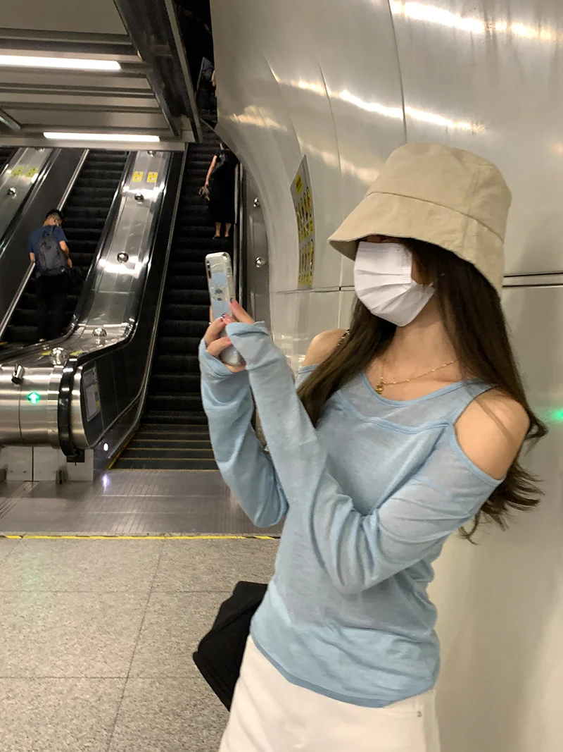 Черный ленивый 3-цветный Топ с длинным рукавом и открытыми плечами женская летняя