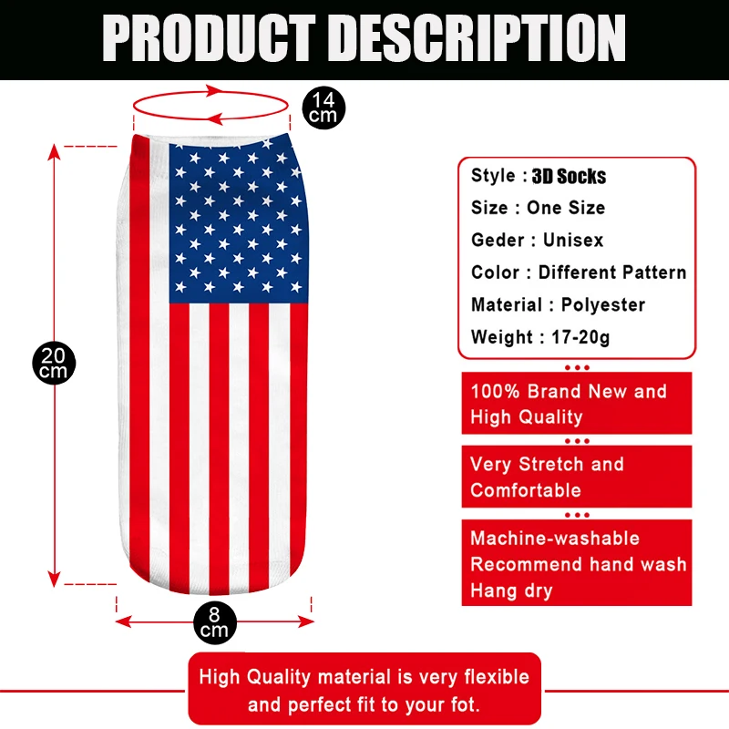 

3D Printing Short Happy Socks Personality Ankle Cotton Socks Women US UK FR CA Flag Print Short Socks Female