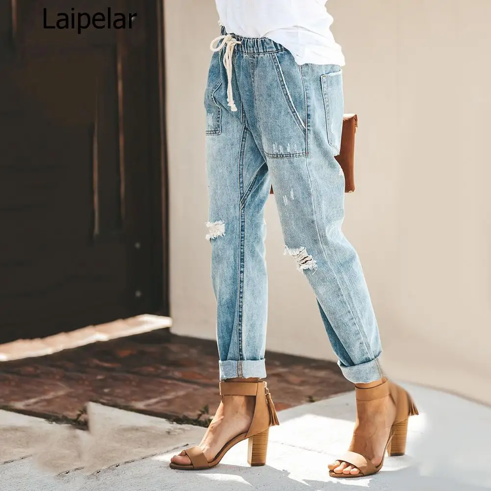 

Fashion Distressed Knee Ripped Women Summer Holes Loose Trouser Drawstring Elastic Waist Pockets Long Pencil Denim Jeans Pants