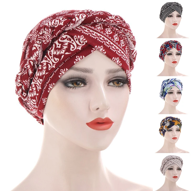 

Colorful Muslim Hat Floral Print Arab Head Cover Braid Head Scarf Fashion Islamic Headwear Lady Chemo Cap Bonnet Headbands