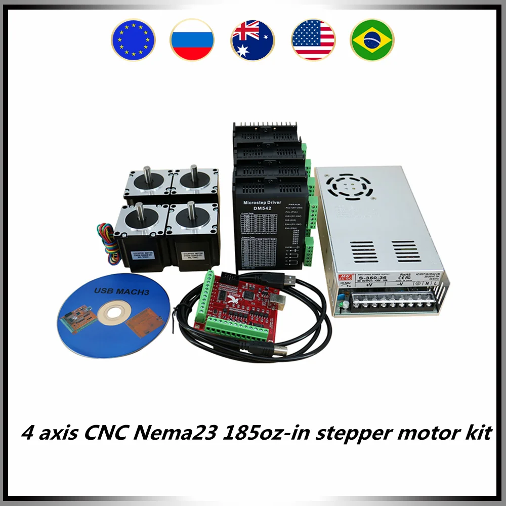4-осевой ЧПУ комплект шагового двигателя Nema23 57 включает 4 шт. двигателя 185 нм унции + 4 драйвера + 1 шт. 350w3 6 в источник питания + карта MACH3
