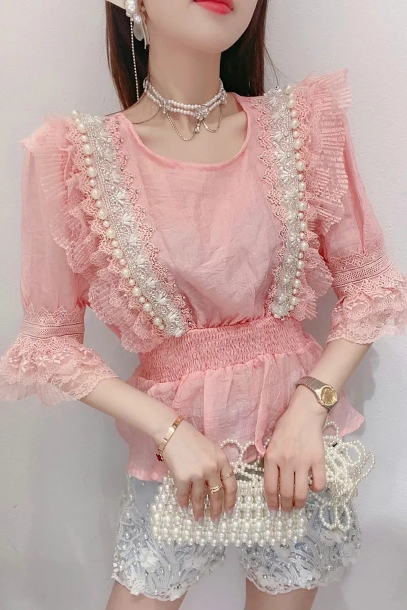 

Blusas Mujer 2021 New Summer Blouse Women Beads Lace Ruffled Stitching Elastic Slimming Shirt Short Sleeves Chiffon Ladies Top