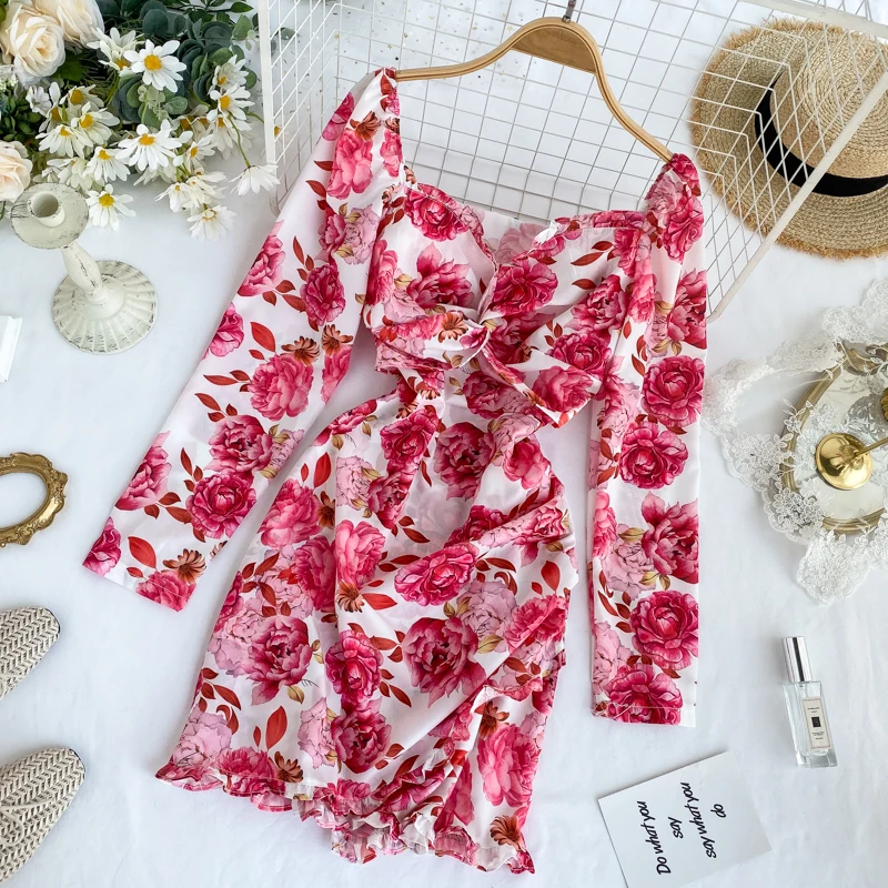 Gagarich Women Elegant Dresses Femme Sweet Floral Print Pleated Irregular Short Vestidos Spring Square Collar Full Dress Fairy | Женская