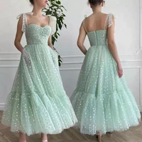 new mint green dots stars tulle a line prom dresses pockets bow ties up straps tea length formal party gowns vestidos de fiesta
