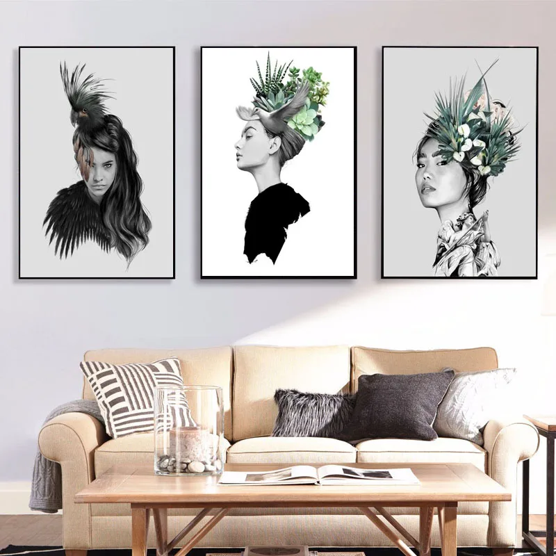 

Wall Art Feather Flower Head Girl Canvas Painting Abstract Women Poster Print Wall Picture for Living Room Home Decor Cuadros