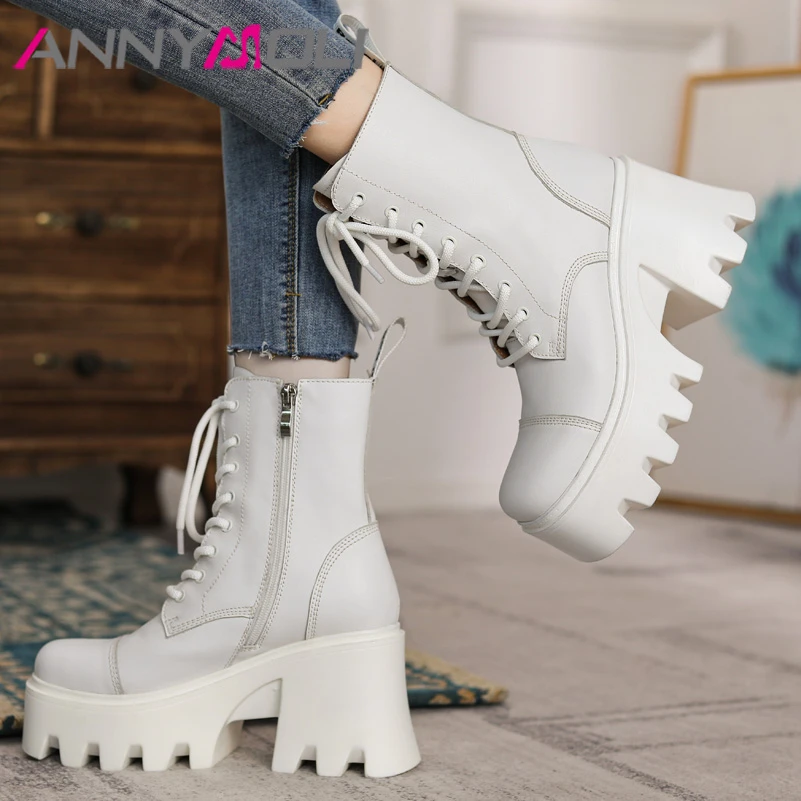 

ANNYMOLI Women Shoes Genuine Leather Motorcycle Boots Platform Thick High Heel Med Calf Boots Square Toe Zipper Boots Autumn