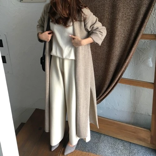 khaki Зимний длинный кардиган оверсайз, Женский вязаный кардиган, Свободное пальто выше колена, Корейская стильная ветровка - Цвет: khaki