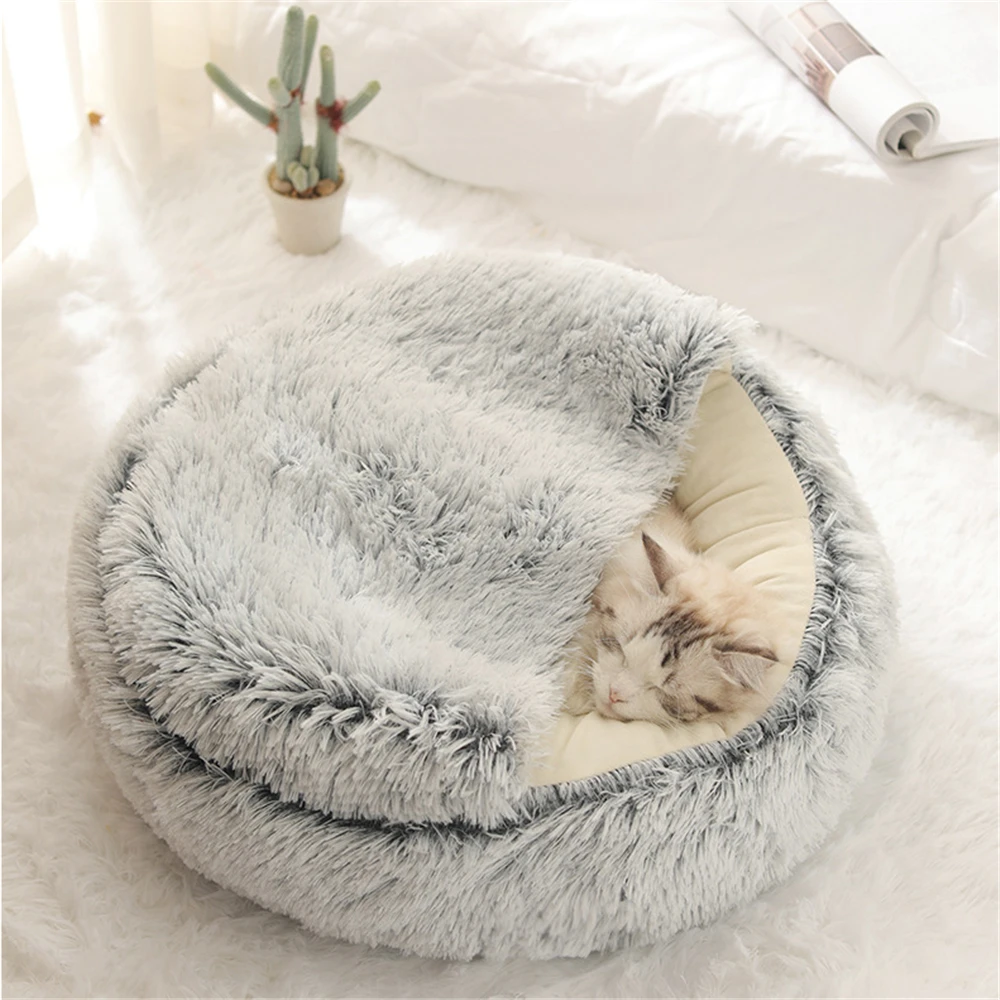 

Round Pet Dog Cat Bed Plush Cat Winter Warm Beds Semi-Enclosed Pet Nest Comfortable Sleeping Mat for Kitten Super Soft Kennel