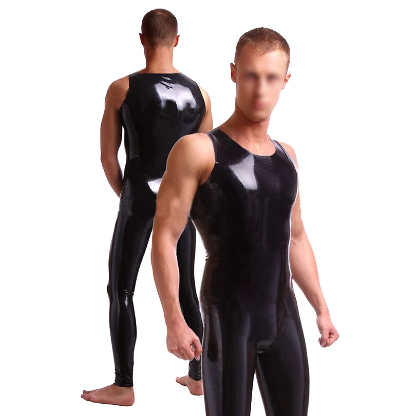 Вырез в Для мужчин черный латексный резиновый без рукавов комбинезоны