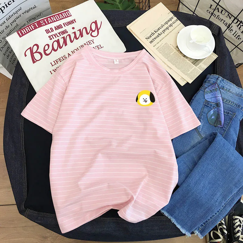 Chimmy Pink Хлопковая полосатая летняя футболка, новая футболка с короткими рукавами, милая модная женская футболка с круглым вырезом для молодых студентов - Цвет: Chimmy Pink