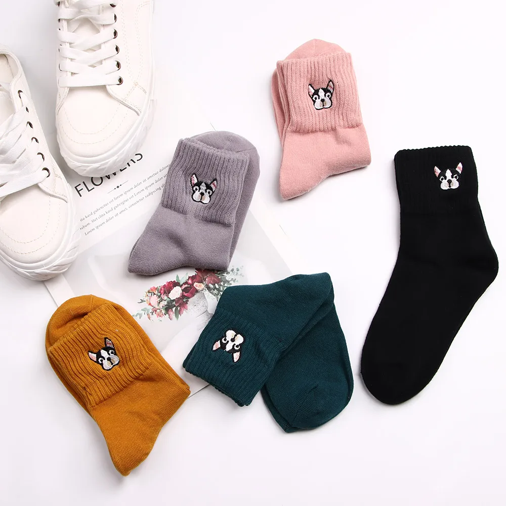 Женские хлопковые носки женские с вышивкой собаки из мультфильма теплые