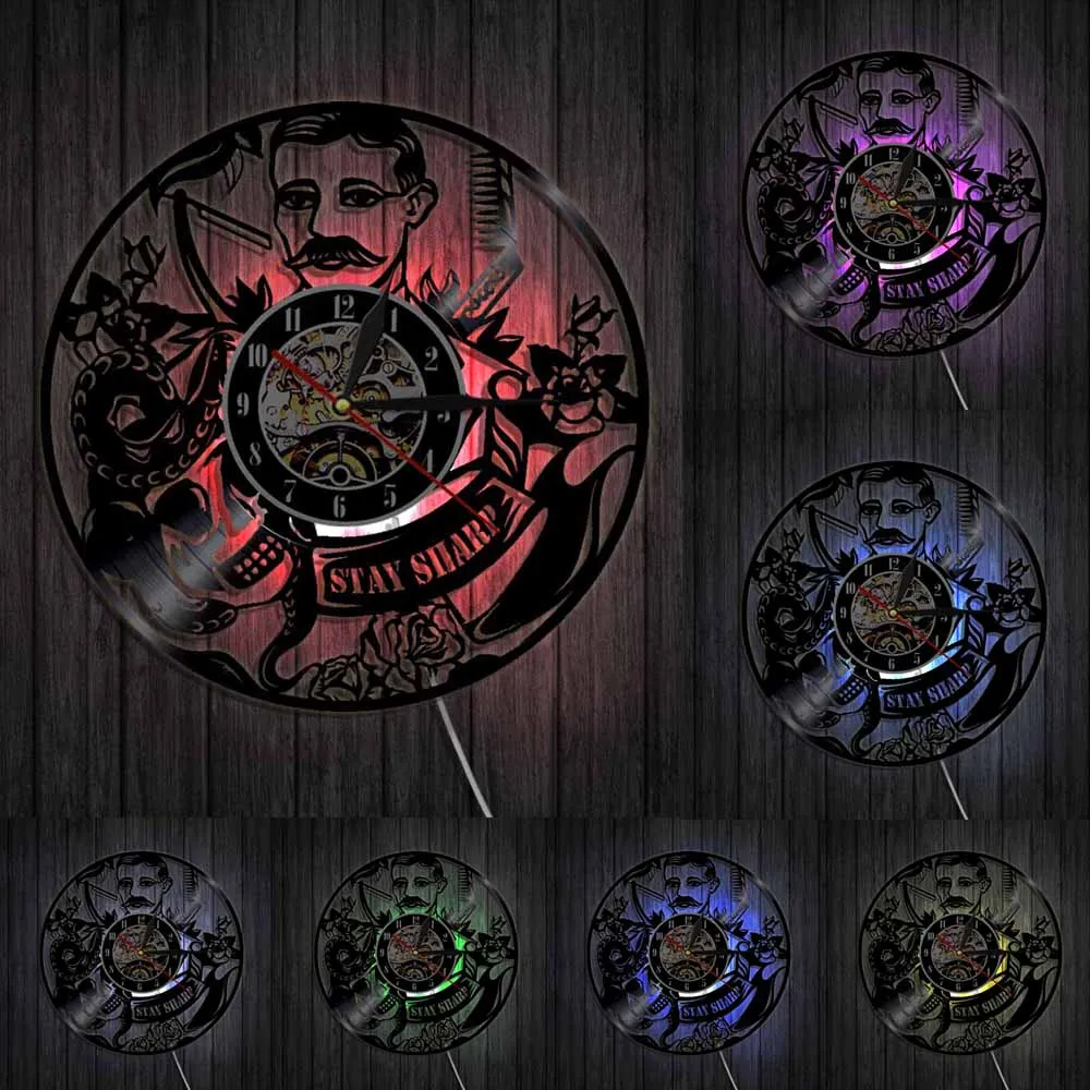 Настенные часы для парикмахерской винтажные виниловые с пластинками в подарок