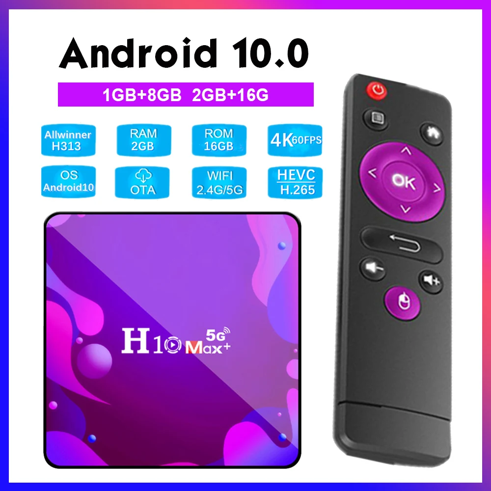 

Приемник смарт-ТВ H10 Max +, Android 10,0, 1 Гб + 8 ГБ, 4K, медиаплеер, цифровой видеоприемник, поддержка 2,4G/5G, Двухдиапазонная ТВ-приставка с Wi-Fi