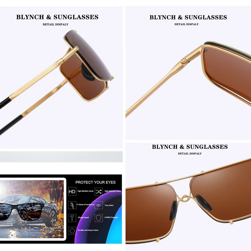

BLYNCH Merk Klassieke Gepolariseerde Zonnebril Mannen Rijden Bruin Frame Zonnebril Mannelijke Bril UV400 Gafas