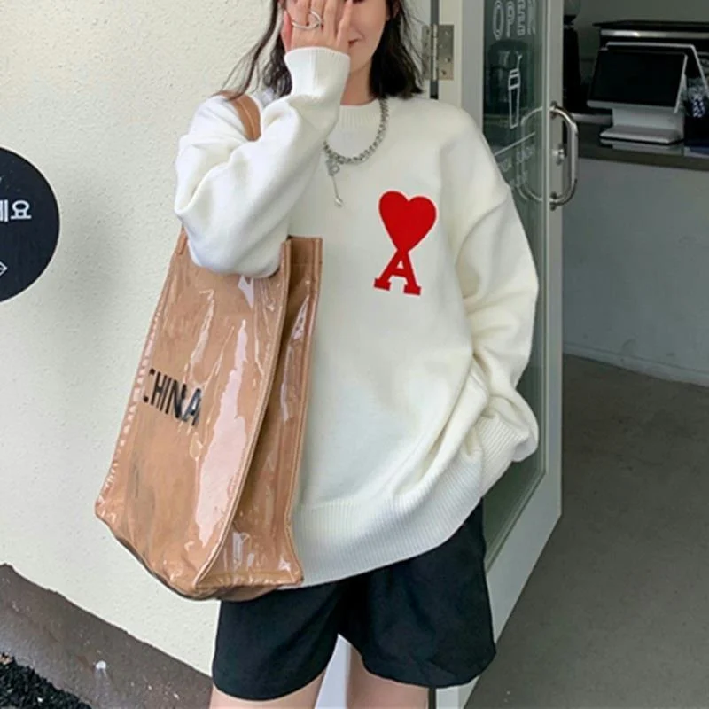 

Ami men's loose round neck embroidered sweater fashion Korean pullover couple men and women the same knit top jacket