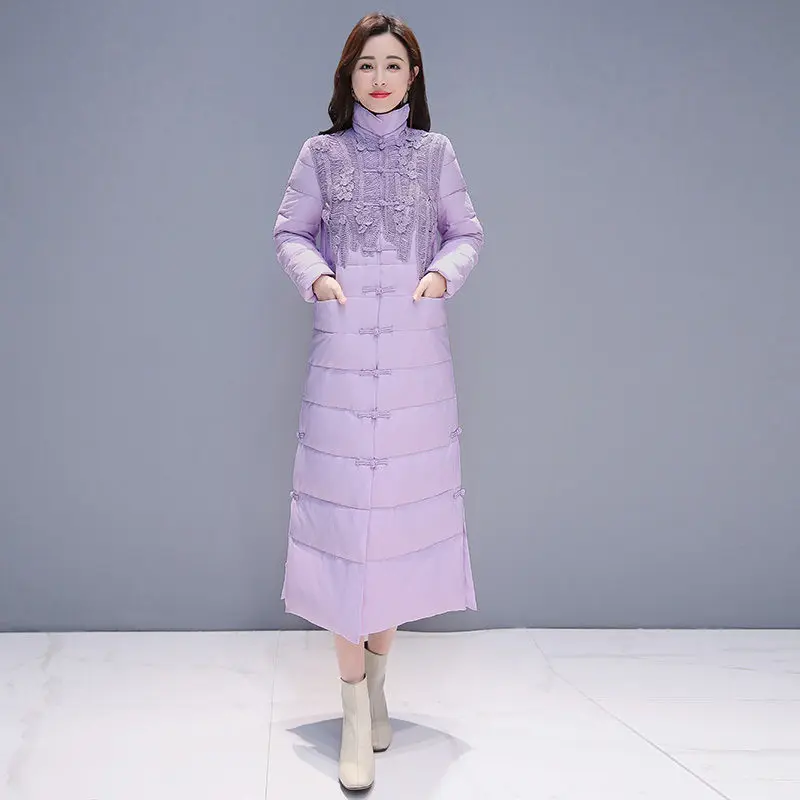 Chinese Style Retro Women Winter Jacket Stand Collar Purple Coat Single-Breasted Long Parkas Warm Overcoat C5968 | Женская одежда